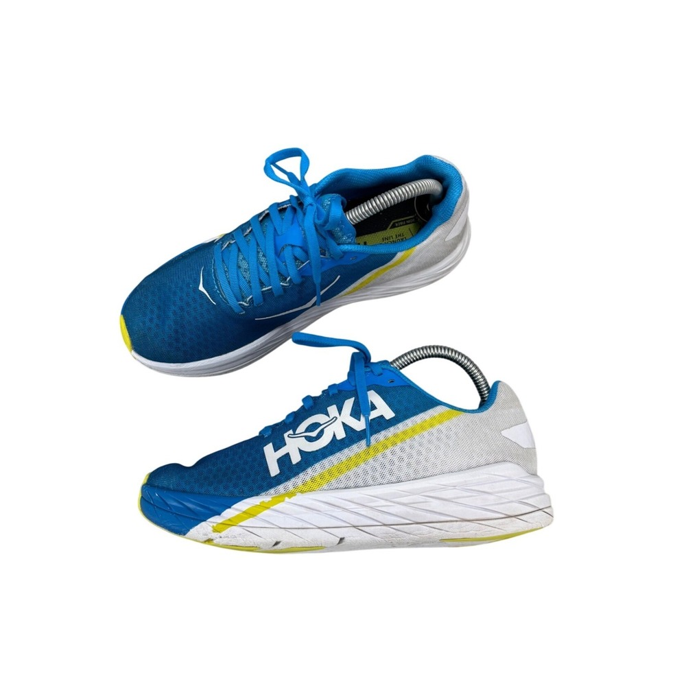 Hoka One One Rocket X Shoes Blue White Yellow Running Shoes Womens 8 Mens 7